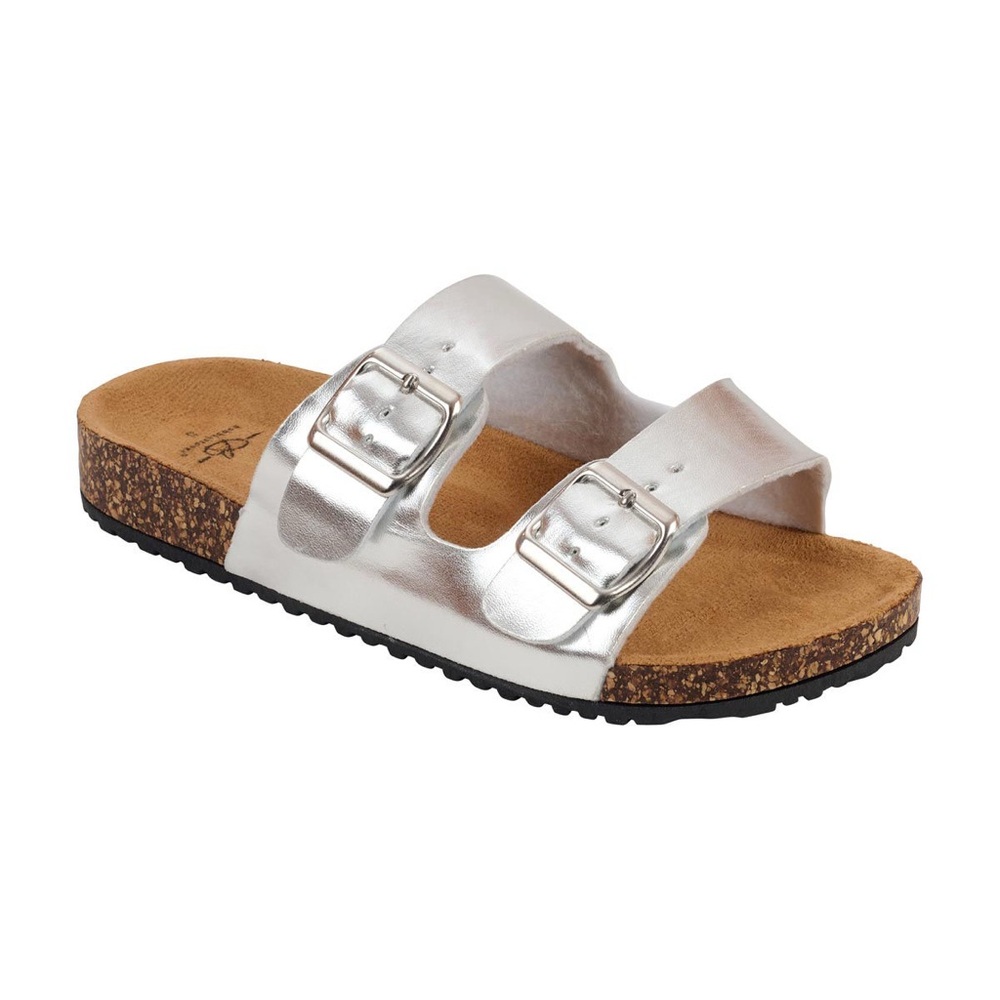 Women’s Silver Double Buckle Strap Cork Slides